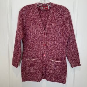 Vintage 80's Wool Cardigan Sweater Kas Brand Bouclet Raspberry Red w/ Pockets L